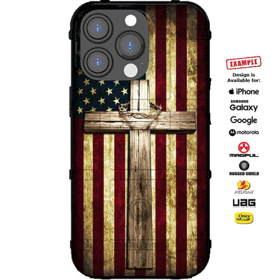 Wood Cross and crown of Thorns on Reversed Tea Stained US Flag Custom Printed Case Design for Apple, Samsung, Google & Motorola Phone Models