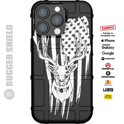 Deer Skull over Tattered US American Flag Custom Printed Case Design for Apple, Samsung, Google & Motorola Phone Models