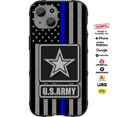 Reversed US American Flag Subdued Thin Line on Grey with Chrome Military Emblem Custom Printed Case Design for Apple, Samsung, Google & Motorola Phone Models