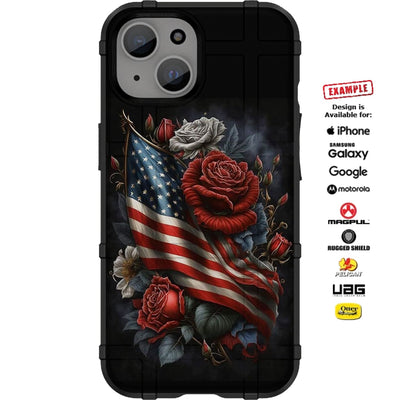 US Flag and Roses Custom Printed Case Design for Apple, Samsung, Google & Motorola Phone Models