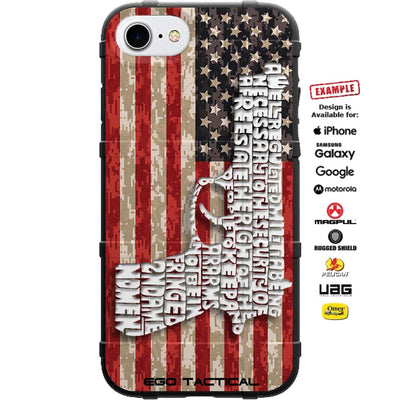 2nd Amendment Pistol on Camo US American Flag Custom Printed Case Design for Apple, Samsung, Google & Motorola Phone Models