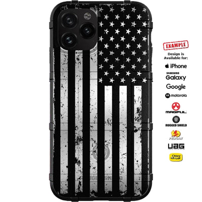 Subdued Black Grey Tattered and Ripped US American Flag Custom Printed Case Design for Apple, Samsung, Google & Motorola Phone Models
