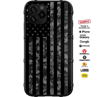 Black Digital Camouflage under Subdued Reversed Assaulting Forward US American Flag Custom Printed Case Design for Apple, Samsung, Google & Motorola Phone Models
