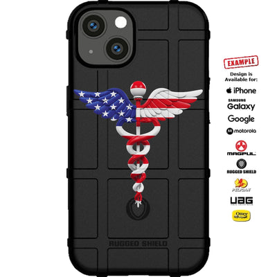 Caduceus Staff Hermes, Mercury on US Flag Custom Printed Case Design for Apple, Samsung, Google & Motorola Phone Models