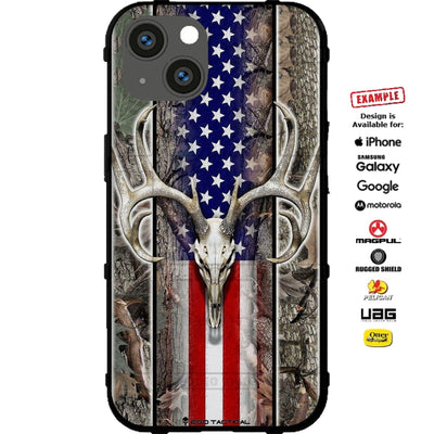 Deer Skull Oak Camo Hunter US Flag Custom Printed Case Design for Apple, Samsung, Google & Motorola Phone Models