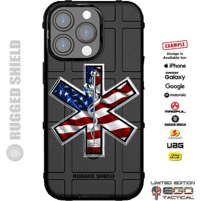EMS Chrome Star of Life Medic Patch on US Flag Custom Printed Case Design for Apple, Samsung, Google & Motorola Phone Models