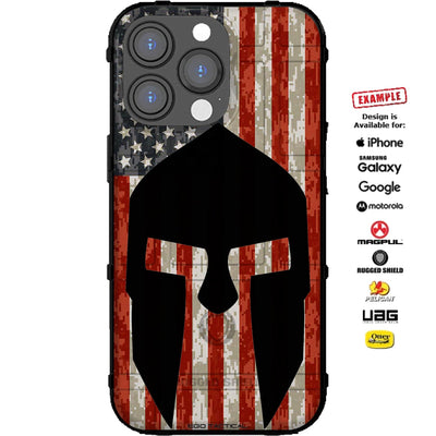Black Spartan on U.S. Flag Digital Camouflage Custom Printed Case Design for Apple, Samsung, Google & Motorola Phone Models