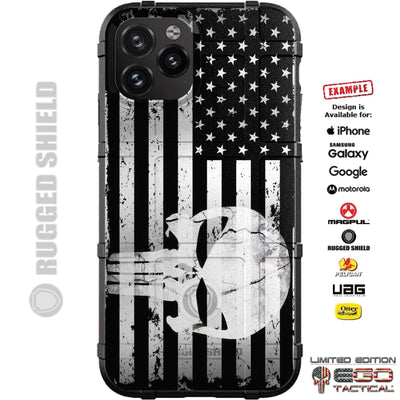 Subdued Tattered US American Flag with Cracked White Punisher Custom Printed Case Design for Apple, Samsung, Google & Motorola Phone Models