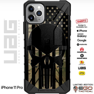Multicam OCP/Scorpion Camouflage, Subdued US American Flag Under Black Punisher Skull Custom Printed Case Design for Apple, Samsung, Google & Motorola Phone Models