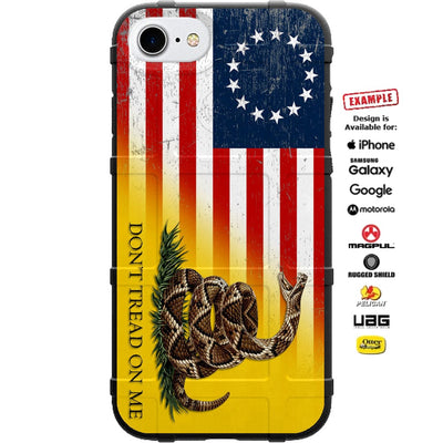 13 Star US American Flag, Betsy Ross Tattered Flag Gadsden Flag Don't Tread on Me Custom Printed Case Design for Apple, Samsung, Google & Motorola Phone Models