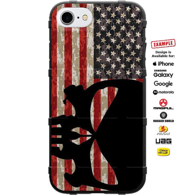 Black Punisher Sideways on USA Flag on Digi Camo Custom Printed Case Design for Apple, Samsung, Google & Motorola Phone Models